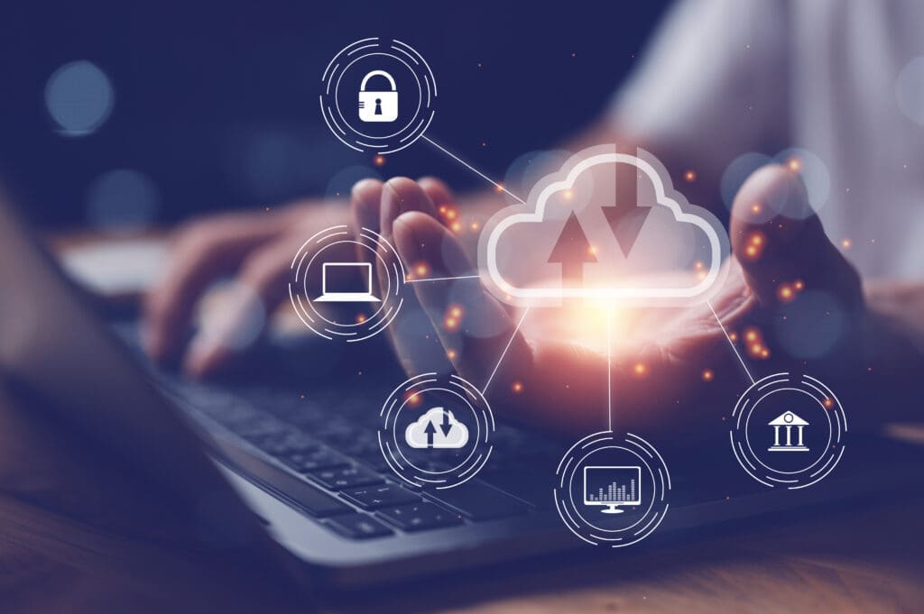 Azure Virtual Desktop Advanced Specialisation Man,Use,Laptop,With,Cloud,Computing,Diagram,Show,On,Hand