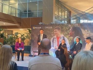 Rishi Sunak standing at Microsoft presenting at National Apprenticeship Week